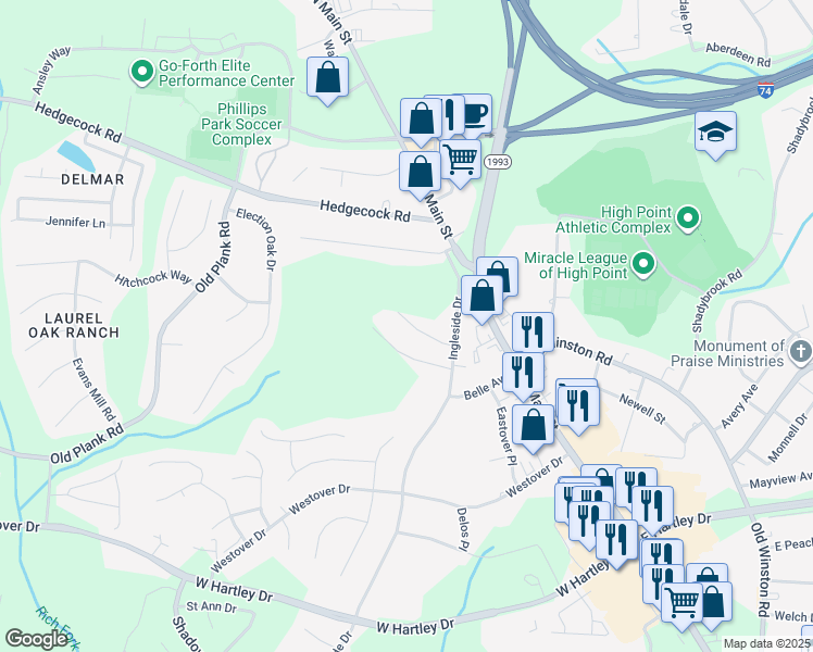 map of restaurants, bars, coffee shops, grocery stores, and more near 3023 Ingleside Drive in High Point