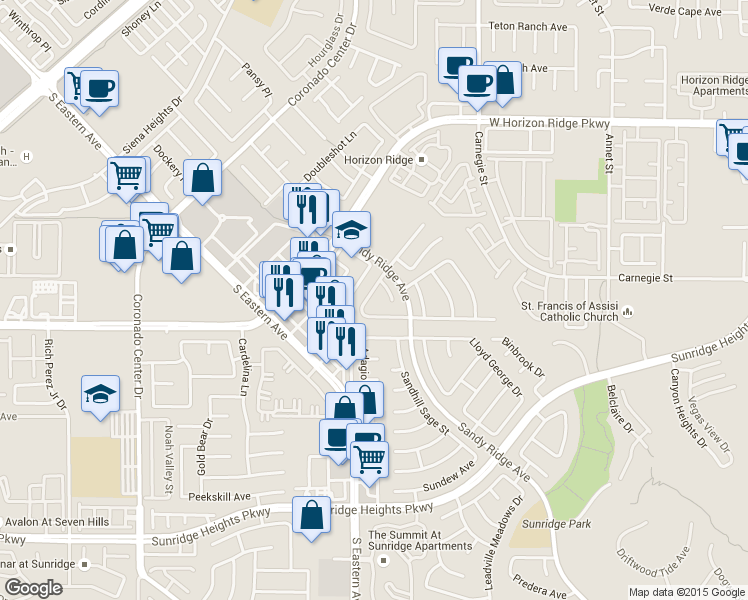 map of restaurants, bars, coffee shops, grocery stores, and more near 2571 Mizzoni Cir in Henderson