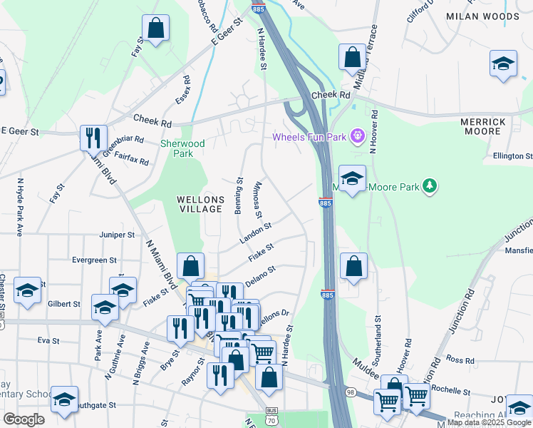 map of restaurants, bars, coffee shops, grocery stores, and more near 606 Mimosa Street in Durham