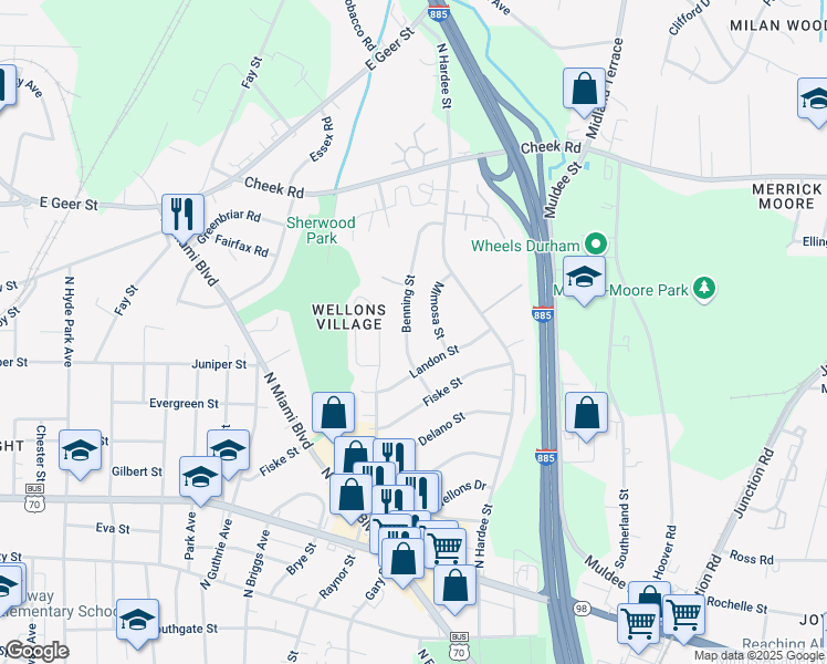 map of restaurants, bars, coffee shops, grocery stores, and more near 1010 Benning Street in Durham