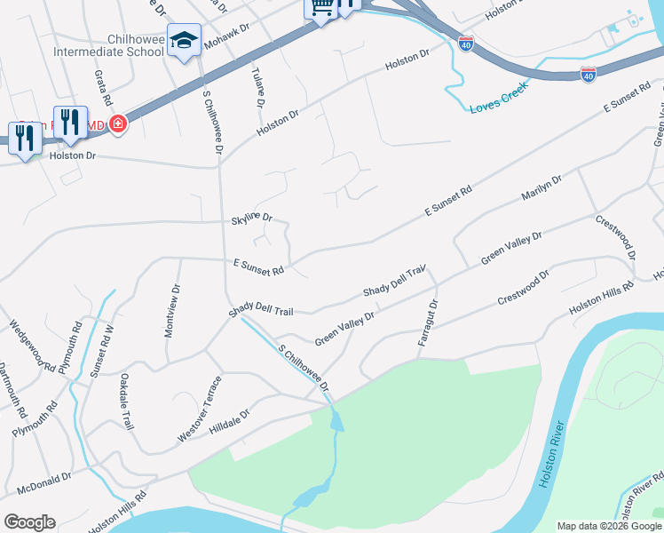 map of restaurants, bars, coffee shops, grocery stores, and more near 5206 East Sunset Road in Knoxville