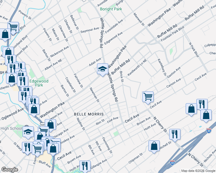 map of restaurants, bars, coffee shops, grocery stores, and more near 2328 Lawson Avenue in Knoxville
