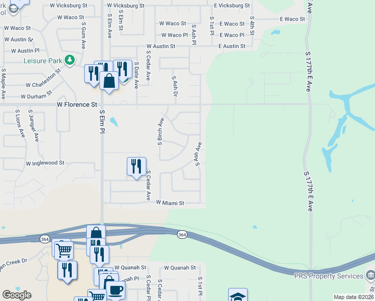 map of restaurants, bars, coffee shops, grocery stores, and more near 117 West Jefferson Place in Broken Arrow