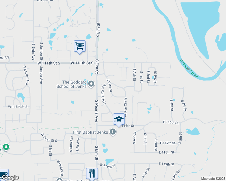 map of restaurants, bars, coffee shops, grocery stores, and more near 22 Fox Run Circle in Jenks
