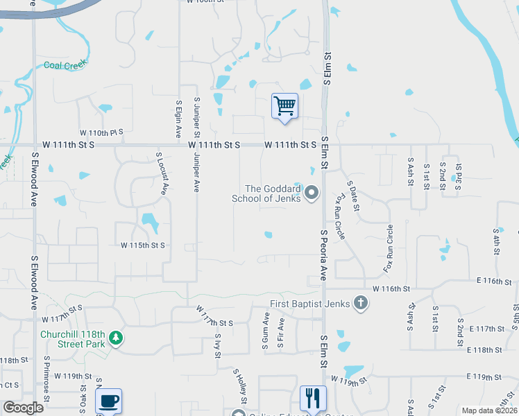 map of restaurants, bars, coffee shops, grocery stores, and more near 11333 South Elgin Avenue in Jenks