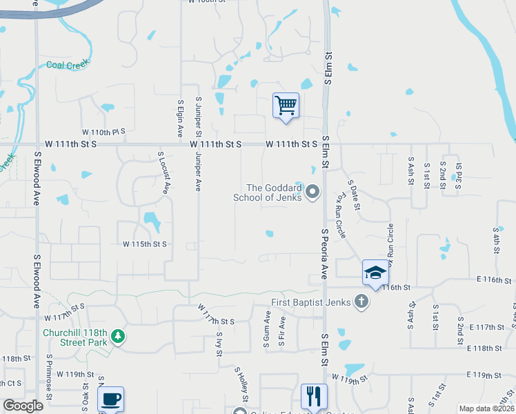map of restaurants, bars, coffee shops, grocery stores, and more near 11333 South Elgin Avenue in Jenks