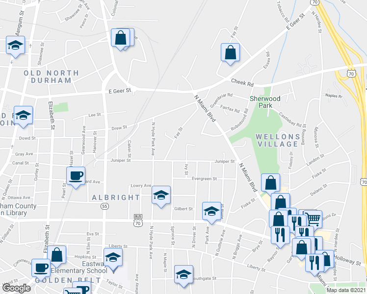 map of restaurants, bars, coffee shops, grocery stores, and more near 1323 Ivy Street in Durham