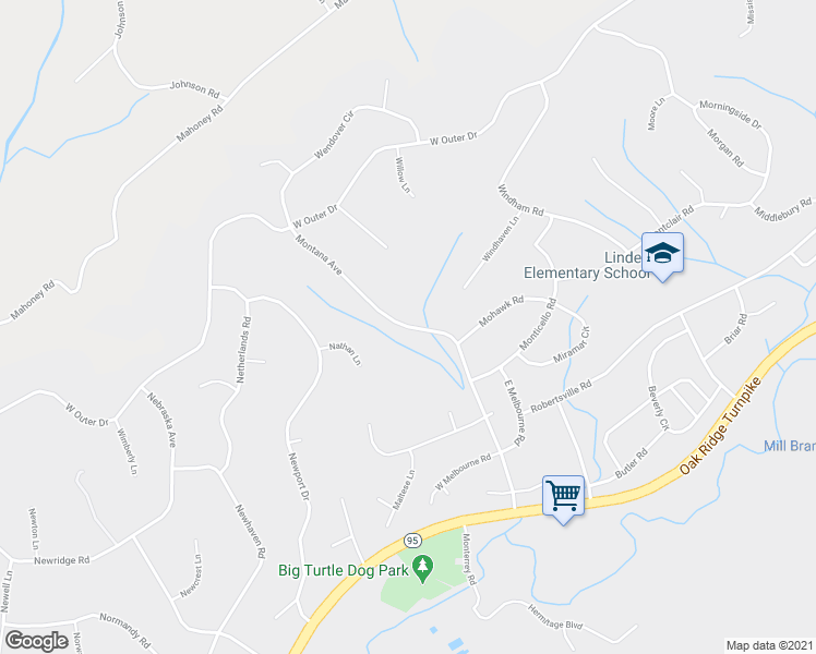 map of restaurants, bars, coffee shops, grocery stores, and more near 144 Montana Avenue in Oak Ridge