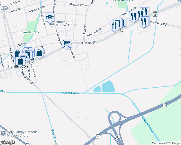 map of restaurants, bars, coffee shops, grocery stores, and more near 537 Hillcourt Circle in Huntingdon