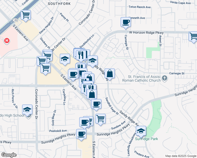 map of restaurants, bars, coffee shops, grocery stores, and more near 2571 Mizzoni Circle in Henderson