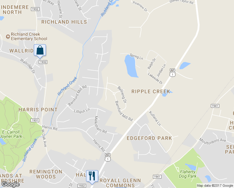 map of restaurants, bars, coffee shops, grocery stores, and more near 1201 Barnford Mill Road in Wake Forest