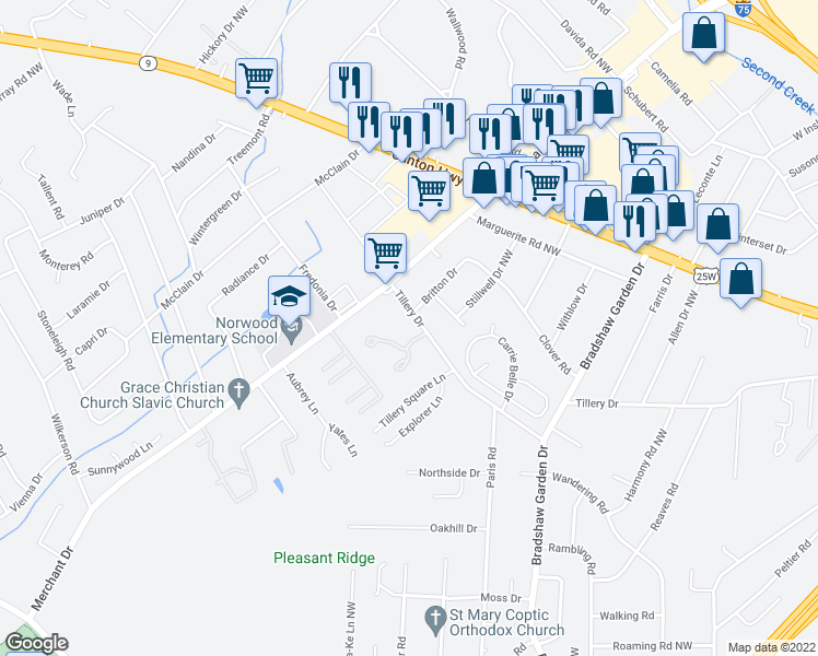 map of restaurants, bars, coffee shops, grocery stores, and more near 5305 Tillery Drive in Knoxville