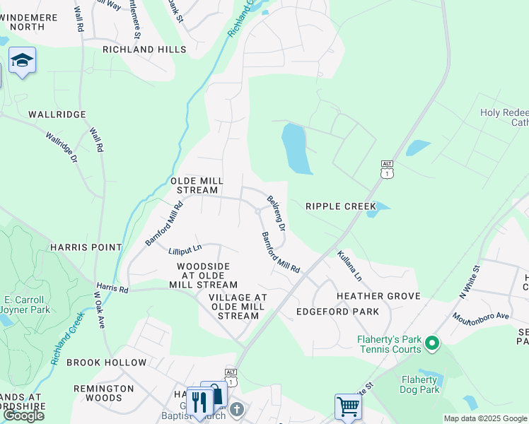 map of restaurants, bars, coffee shops, grocery stores, and more near 1201 Barnford Mill Road in Wake Forest