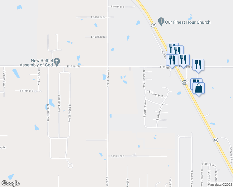 map of restaurants, bars, coffee shops, grocery stores, and more near 11321 South 257th East Avenue in Coweta