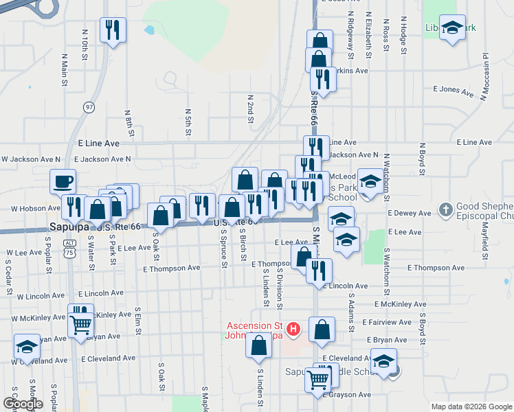 map of restaurants, bars, coffee shops, grocery stores, and more near 18 North Linden Street in Sapulpa