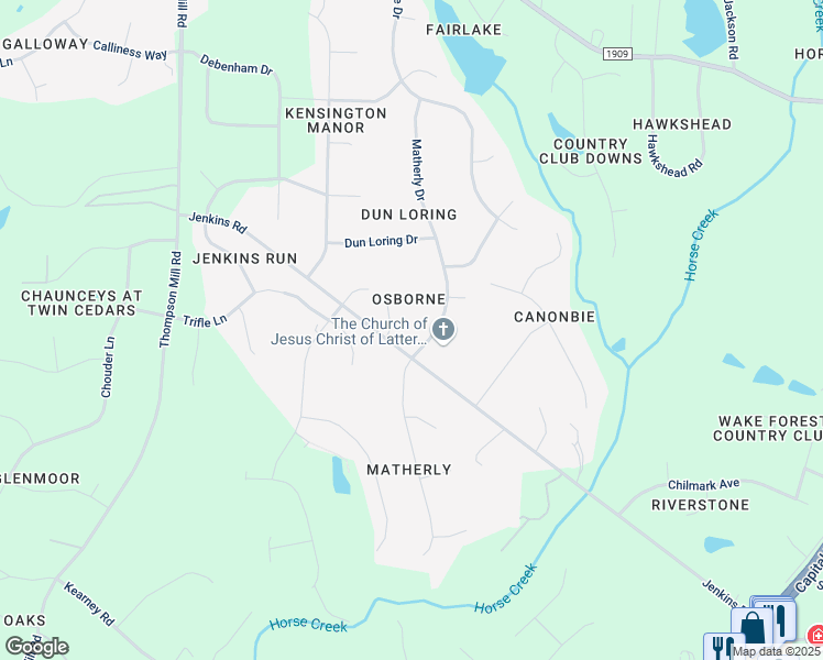 map of restaurants, bars, coffee shops, grocery stores, and more near 7605 Matherly Drive in Wake Forest