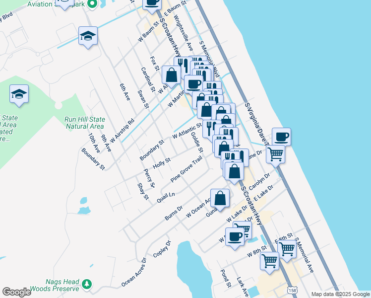 map of restaurants, bars, coffee shops, grocery stores, and more near 304 Holly Street in Kill Devil Hills