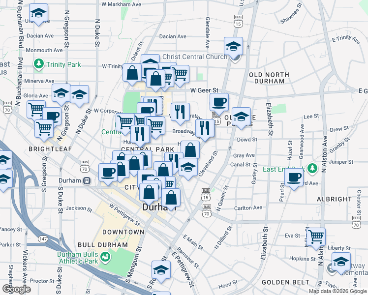 map of restaurants, bars, coffee shops, grocery stores, and more near 125 Hunt Street in Durham