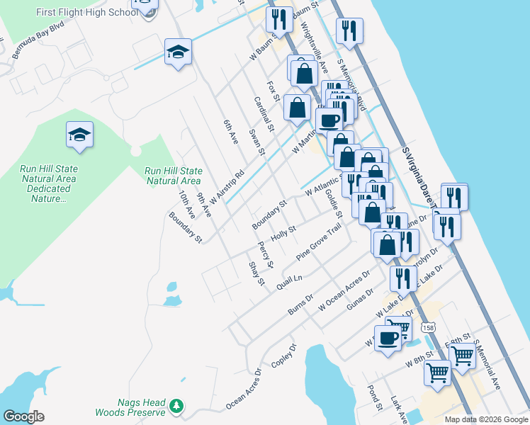 map of restaurants, bars, coffee shops, grocery stores, and more near 600 Boundary Street in Kill Devil Hills