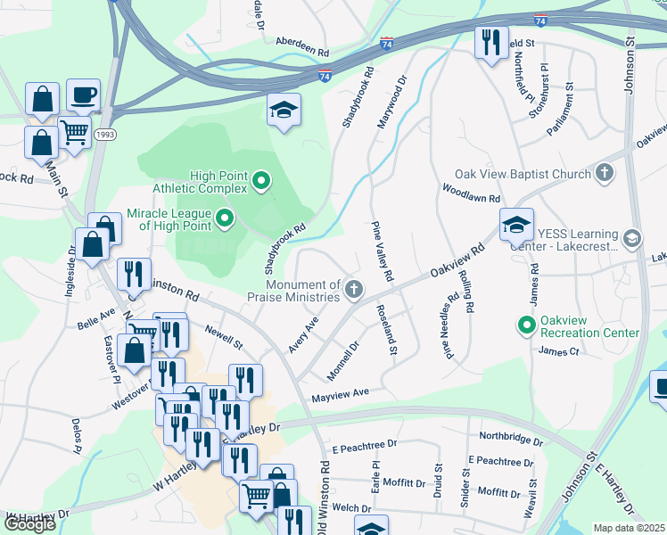 map of restaurants, bars, coffee shops, grocery stores, and more near 916 Pine Circle Drive in High Point