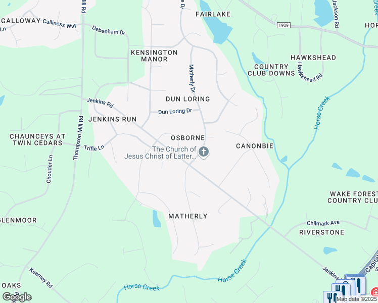 map of restaurants, bars, coffee shops, grocery stores, and more near 7605 Matherly Drive in Wake Forest