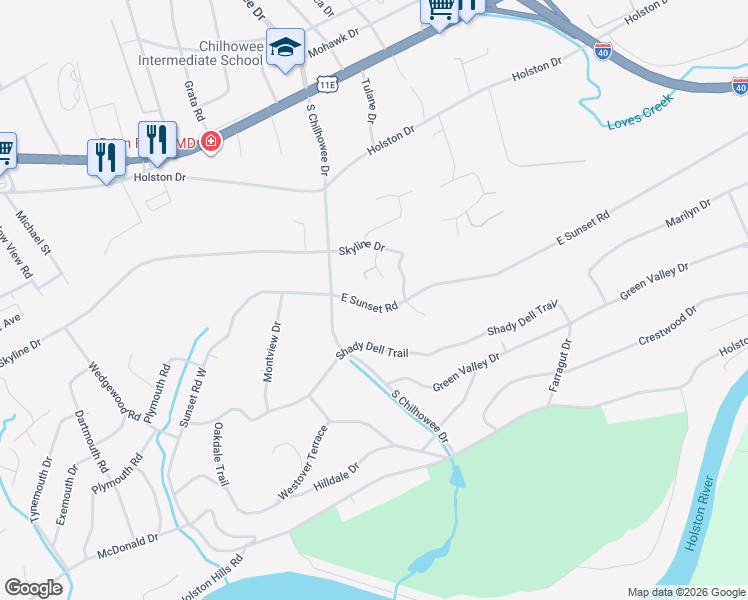 map of restaurants, bars, coffee shops, grocery stores, and more near 5111 East Sunset Road in Knoxville