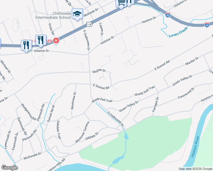 map of restaurants, bars, coffee shops, grocery stores, and more near 5111 East Sunset Road in Knoxville
