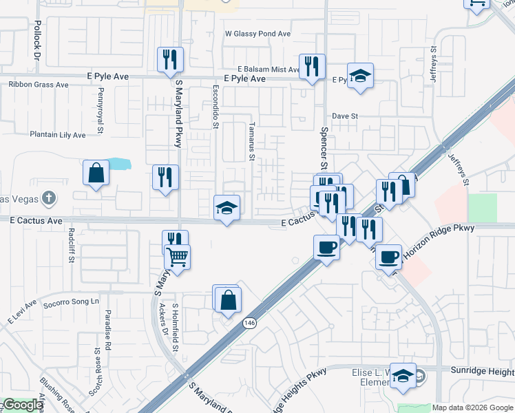 map of restaurants, bars, coffee shops, grocery stores, and more near 10448 Gunpowder Falls Street in Las Vegas