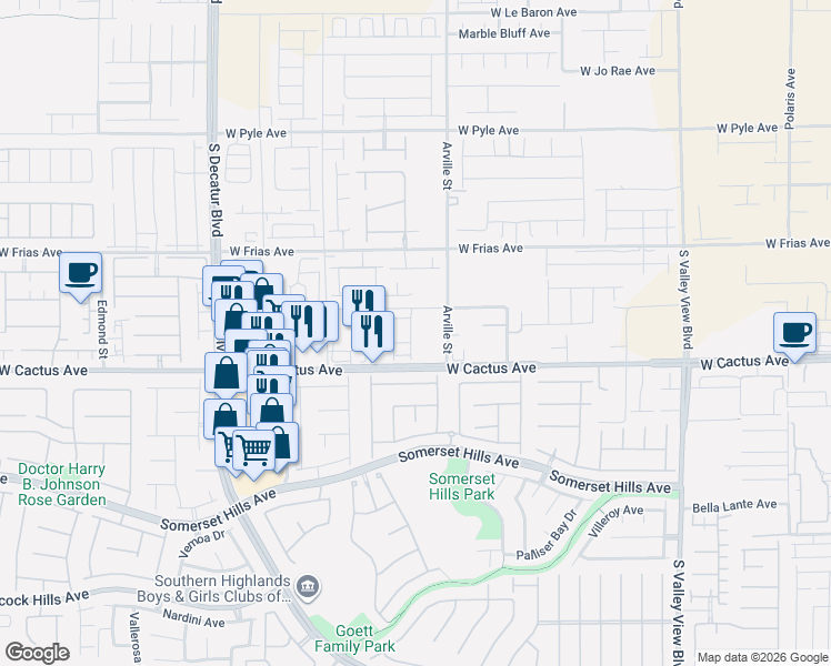 map of restaurants, bars, coffee shops, grocery stores, and more near 10432 Highlands River Street in Las Vegas