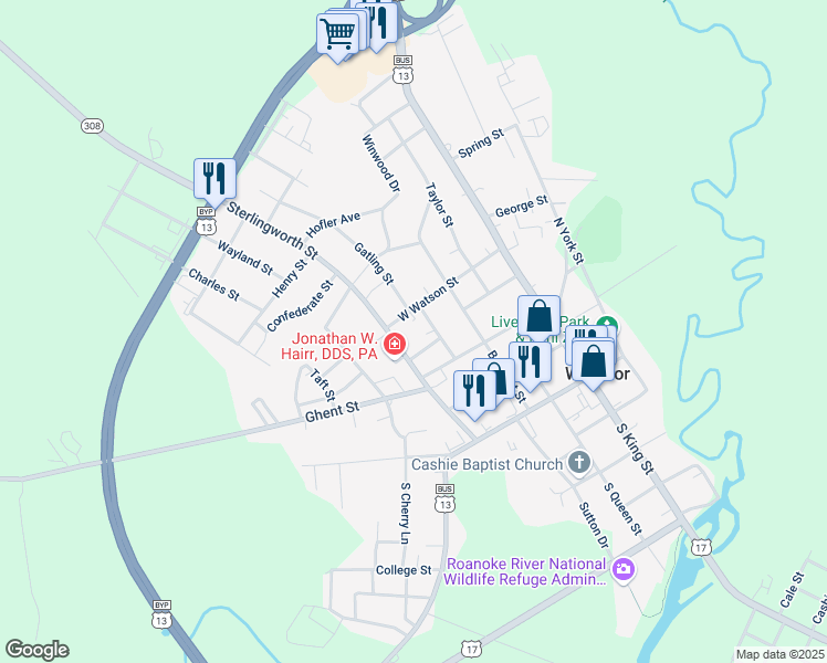 map of restaurants, bars, coffee shops, grocery stores, and more near 401 Sterlingworth Street in Windsor