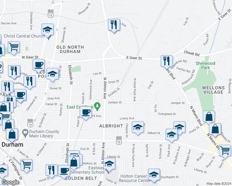 map of restaurants, bars, coffee shops, grocery stores, and more near 1401 Manteo Street in Durham