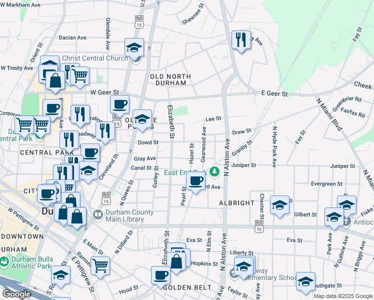 map of restaurants, bars, coffee shops, grocery stores, and more near 1209 Hazel Street in Durham