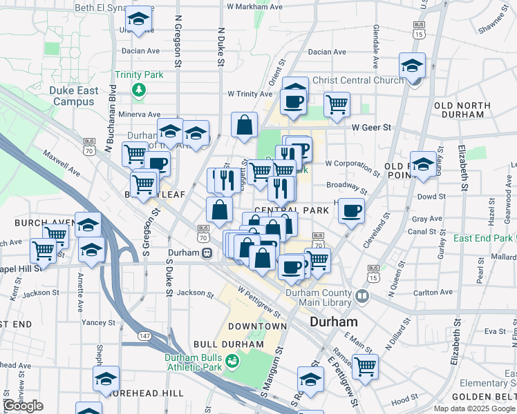 map of restaurants, bars, coffee shops, grocery stores, and more near 300 Morris Street in Durham