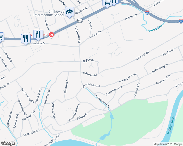 map of restaurants, bars, coffee shops, grocery stores, and more near 5111 East Sunset Road in Knoxville