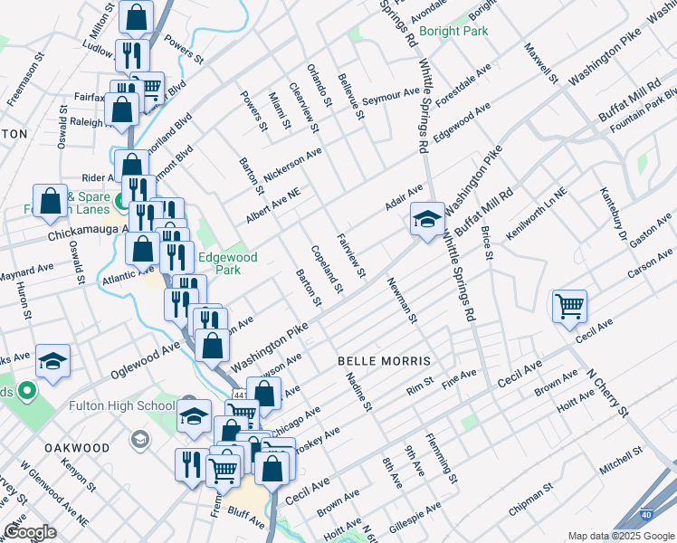 map of restaurants, bars, coffee shops, grocery stores, and more near 2704 Copeland Street in Knoxville