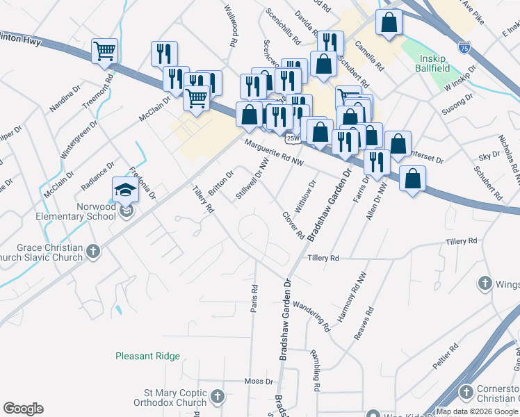 map of restaurants, bars, coffee shops, grocery stores, and more near 5007 Norwind Lane in Knoxville