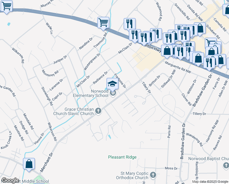 map of restaurants, bars, coffee shops, grocery stores, and more near 1909 Merchant Drive in Knoxville