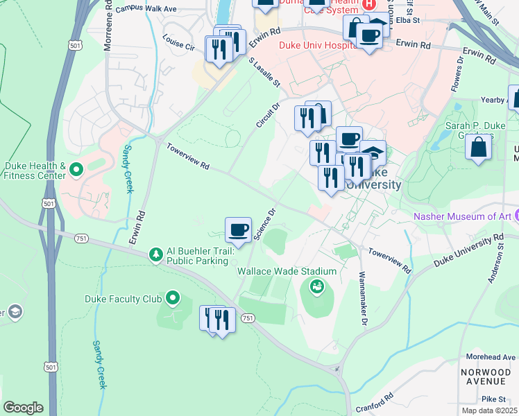 map of restaurants, bars, coffee shops, grocery stores, and more near 210 Science Drive in Durham