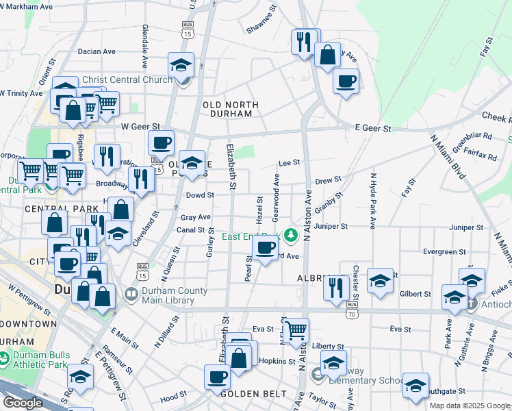 map of restaurants, bars, coffee shops, grocery stores, and more near 1209 Hazel Street in Durham