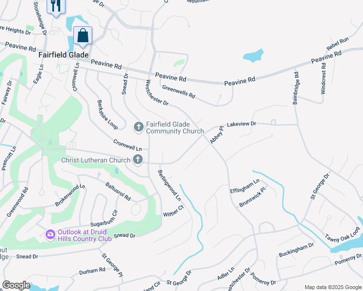 map of restaurants, bars, coffee shops, grocery stores, and more near 112 Foxwell Lane in Crossville