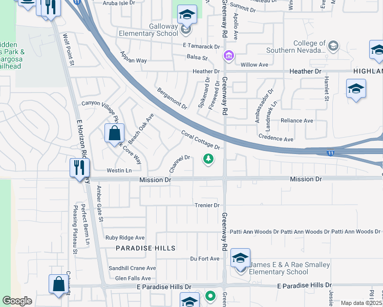 map of restaurants, bars, coffee shops, grocery stores, and more near 188 Channel Drive in Henderson