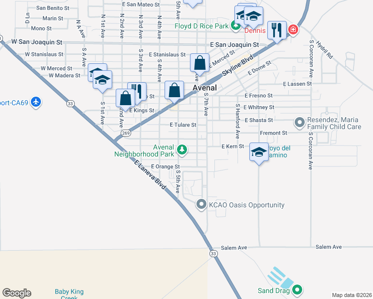 map of restaurants, bars, coffee shops, grocery stores, and more near 513 East Ventura Street in Avenal