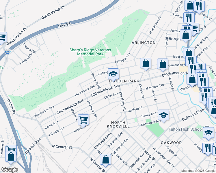 map of restaurants, bars, coffee shops, grocery stores, and more near 509 Chickamauga Avenue in Knoxville