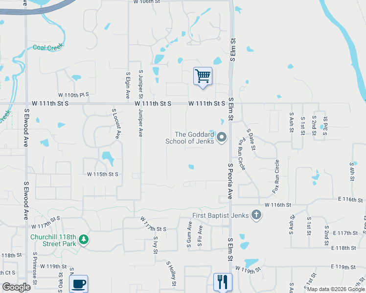 map of restaurants, bars, coffee shops, grocery stores, and more near 704 West 113th Street South in Jenks