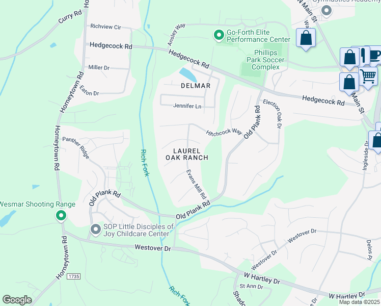map of restaurants, bars, coffee shops, grocery stores, and more near 886 Big Creek Court in High Point