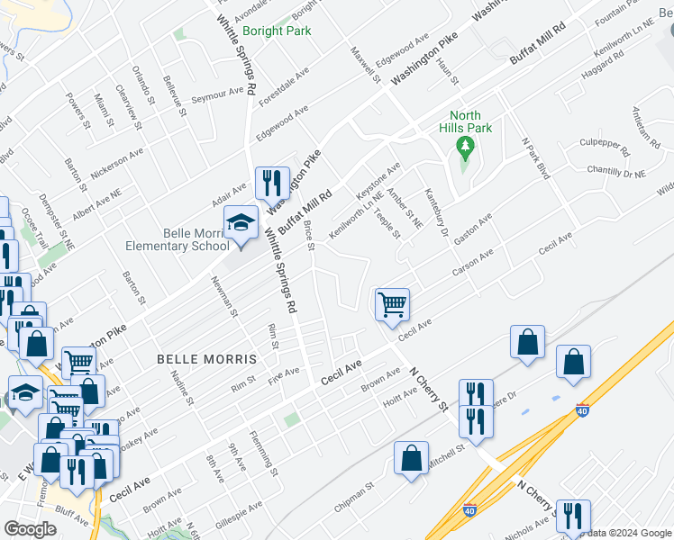 map of restaurants, bars, coffee shops, grocery stores, and more near 2336 Boxwood Lane Northeast in Knoxville