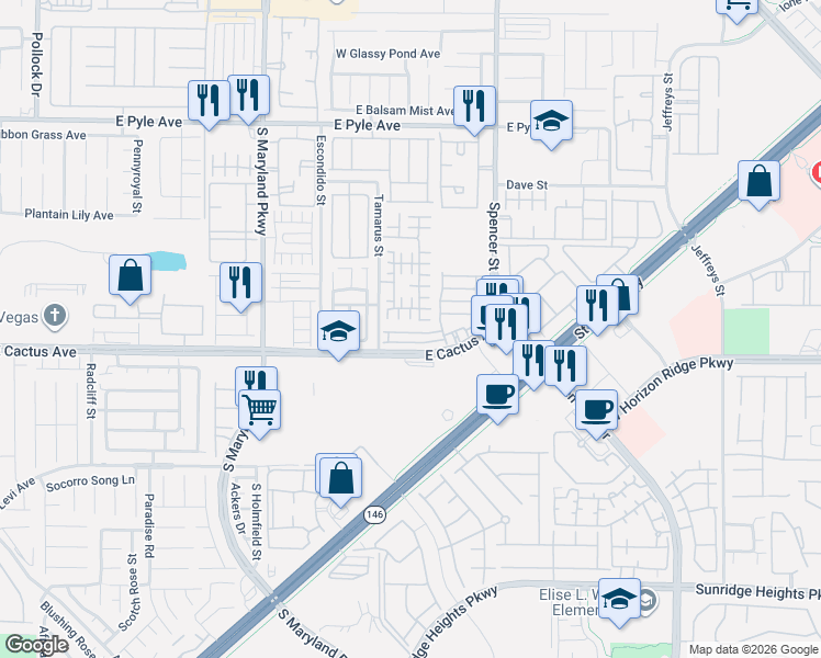 map of restaurants, bars, coffee shops, grocery stores, and more near 1565 Tillman Falls Avenue in Las Vegas