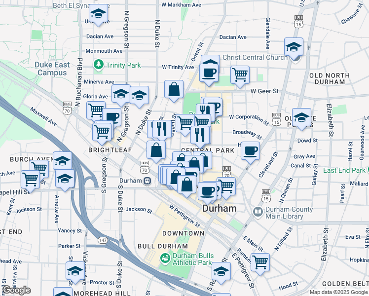map of restaurants, bars, coffee shops, grocery stores, and more near 300 Morris Street in Durham
