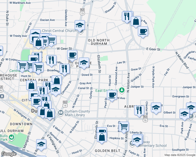 map of restaurants, bars, coffee shops, grocery stores, and more near 807 North Elizabeth Street in Durham