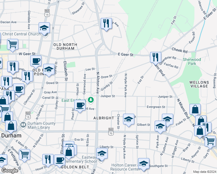 map of restaurants, bars, coffee shops, grocery stores, and more near 1206 Granby Street in Durham